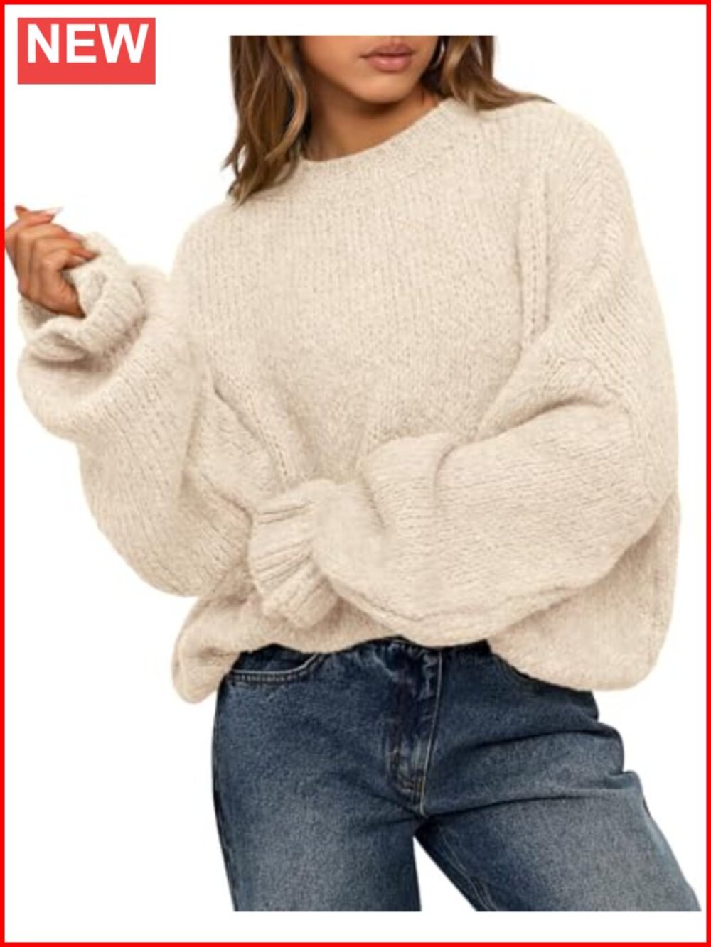 Oversized Chunky Knit Sweater Crew Neck Ruffle Cuff Lantern Sleeve Loose Fit
